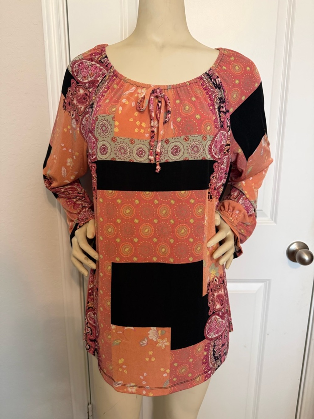 Impressions Lifestyle Petite Peach Apricot Patchwork Long Sleeve Peasant Blouse